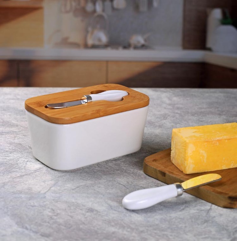 Bamboo Cutlery - طبق زبدة سيراميك بسيط مع غطاء